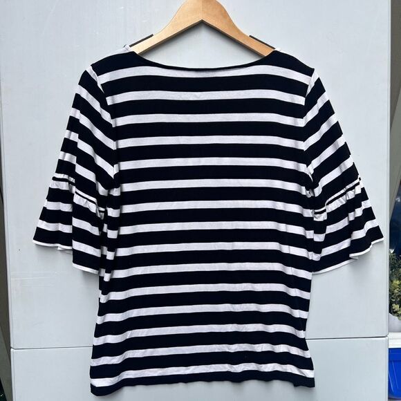 Talbots Womens Blouse Black White Striped 3/4 Sleeve Scoop Stretch Medium - Picture 2 of 4